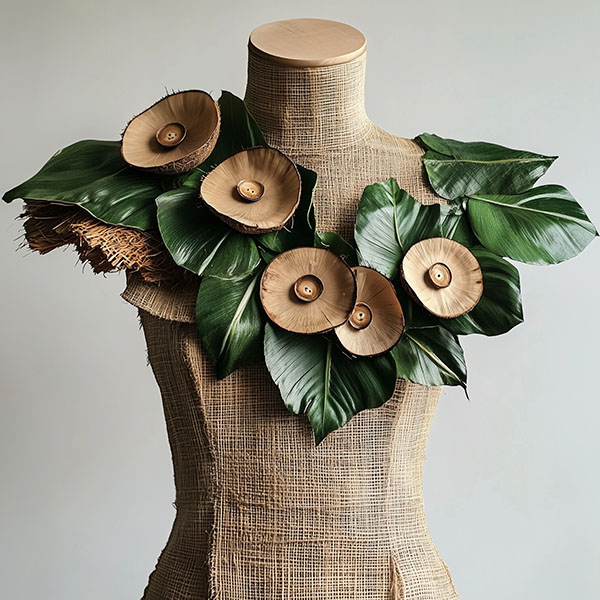 Dress made of hessian with sustainable wreath of leaves around the neck